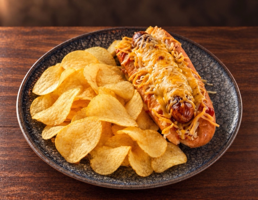 Perrito caliente con queso y patatas